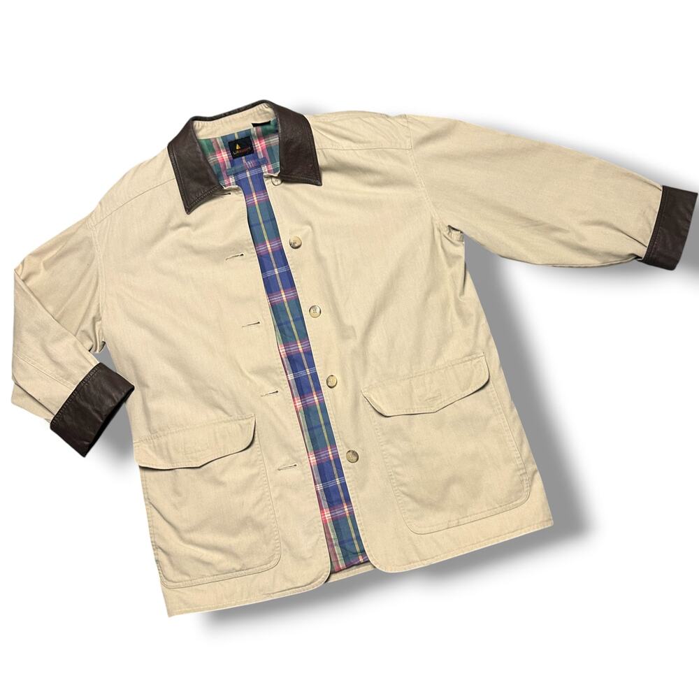 Vintage 90s Liz Sport Barn Jacket Chore Coat Leather Collar Flannel Lined Sz M
